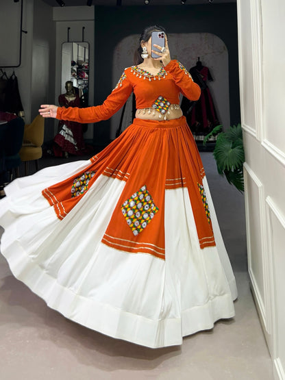 Navratri Lehenga Choli for Women, Orange White Garba Chaniya Choli, Gamthi Patchwork Lehenga, Kutchi Style Dandiya Raas Outfit