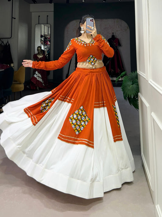 Navratri Lehenga Choli for Women, Orange White Garba Chaniya Choli, Gamthi Patchwork Lehenga, Kutchi Style Dandiya Raas Outfit