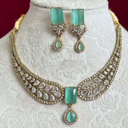 Turquoise CZ Necklace Set for Women, Gold Tone Statement Jewelry Set, Bridal Party Necklace Earrings Set, Indian Wedding Jewelry, Elegant P