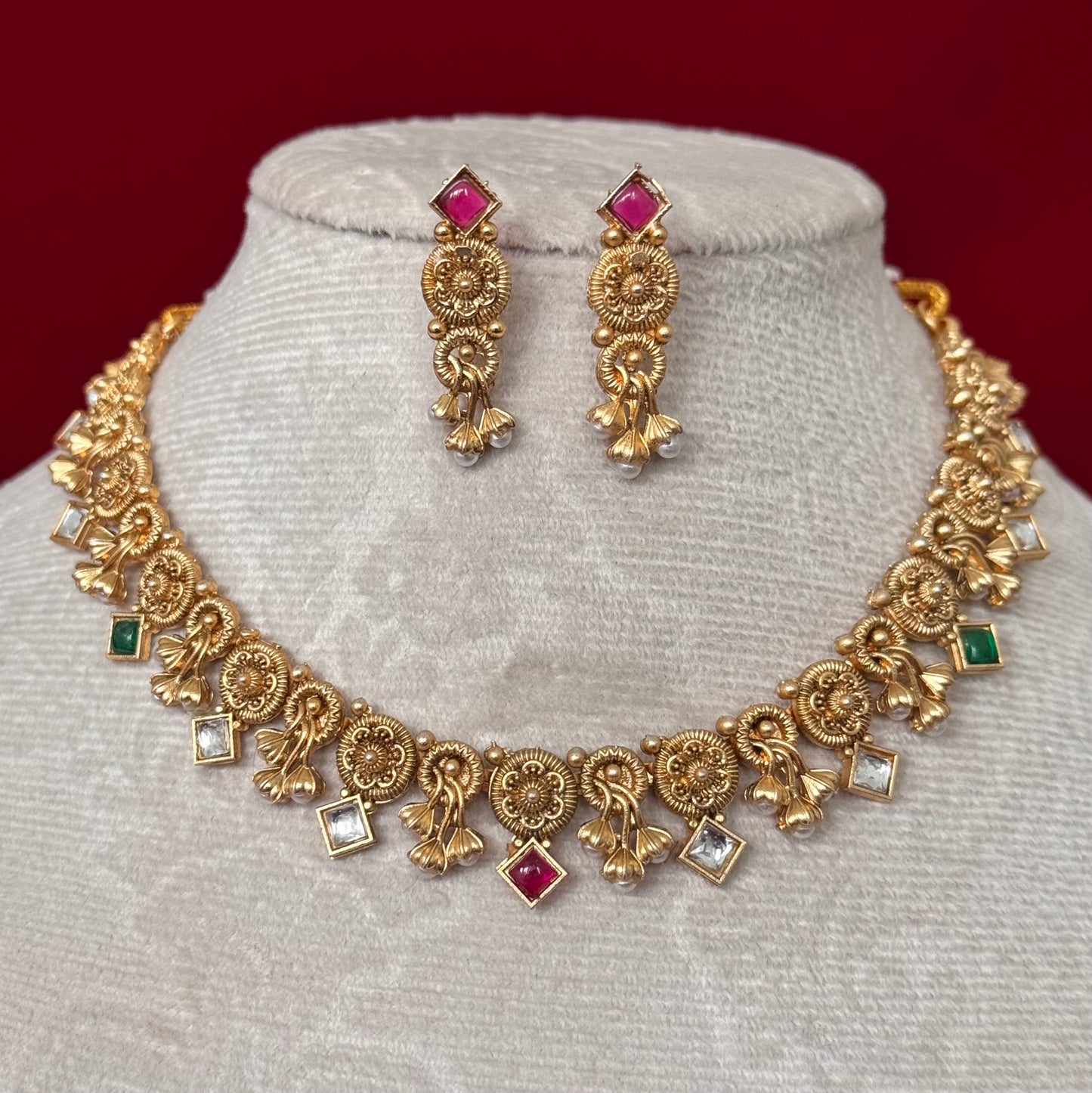 Majak Necklace Set | Traditional Temple Jewelry Set with Earrings | Antique Gold Finish Necklace | Ruby Green Stone Indian Jewelry | Bridal