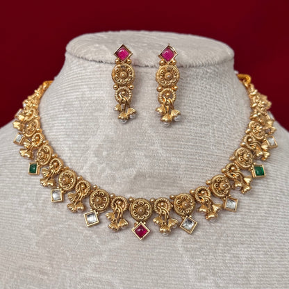 Majak Necklace Set | Traditional Temple Jewelry Set with Earrings | Antique Gold Finish Necklace | Ruby Green Stone Indian Jewelry | Bridal