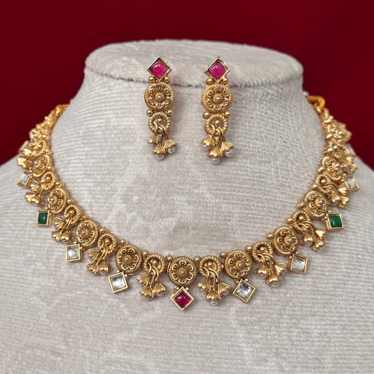 Majak Necklace Set | Traditional Temple Jewelry Set with Earrings | Antique Gold Finish Necklace | Ruby Green Stone Indian Jewelry | Bridal