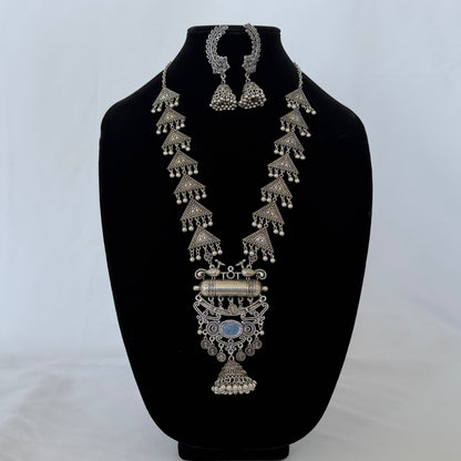 Oxidized Silver Long Necklace Set with Mirror Pendant & Jhumka Earrings, Tribal Statement Jewelry, Indian Boho Necklace Set