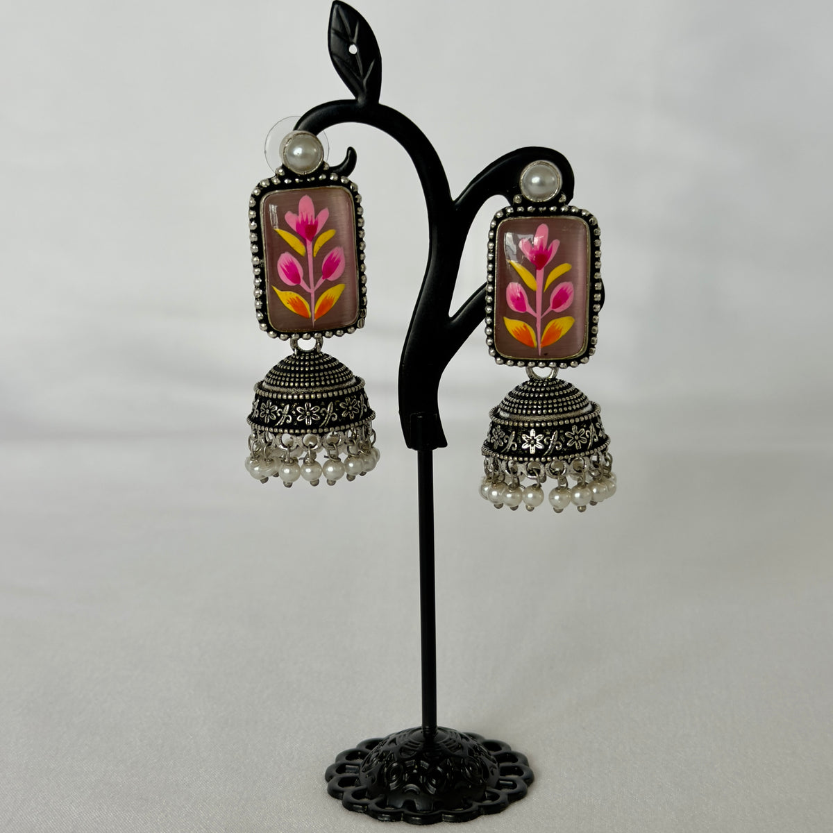 Oxidized Silver Hand Painted Mauve Floral Jhumka Earrings, Pink Flower Statement Earrings, Pearl Beaded Indian Earrings, Ethnic Jewelry