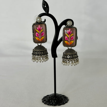Oxidized Silver Hand Painted Mauve Floral Jhumka Earrings, Pink Flower Statement Earrings, Pearl Beaded Indian Earrings, Ethnic Jewelry