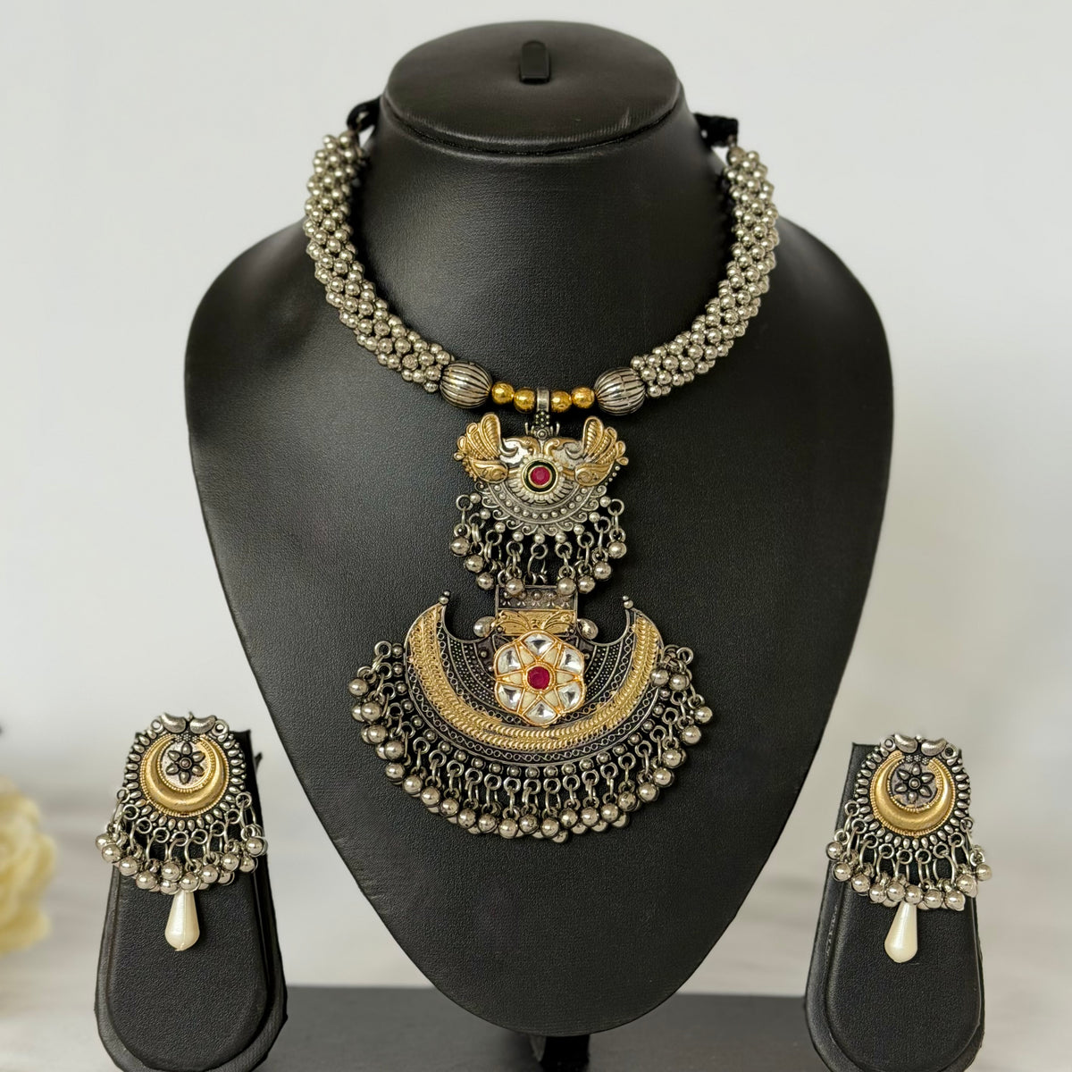 Oxidized Silver Gold Necklace Set, Statement Tribal Jewelry, Dual Tone Indian Necklace, Ghungroo Pendant Earrings, Navratri Garba Jewelry