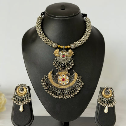 Oxidized Silver Gold Necklace Set, Statement Tribal Jewelry, Dual Tone Indian Necklace, Ghungroo Pendant Earrings, Navratri Garba Jewelry