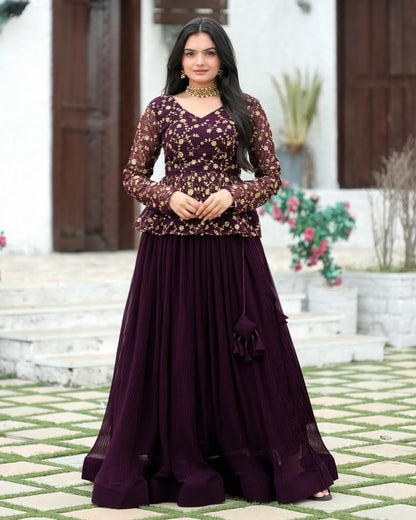 Elegant Wine Lehenga Choli Set | Heavy Embroidered Sequin Blouse with Full flair Crush Pleated Skirt | Wedding & Party Outfit