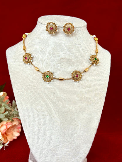 Antique Gold Floral Necklace Set, Ruby Emerald Stone Short Necklace, Traditional Temple Jewelry, Pearl Accent Indian Necklace, Bridal Festiv