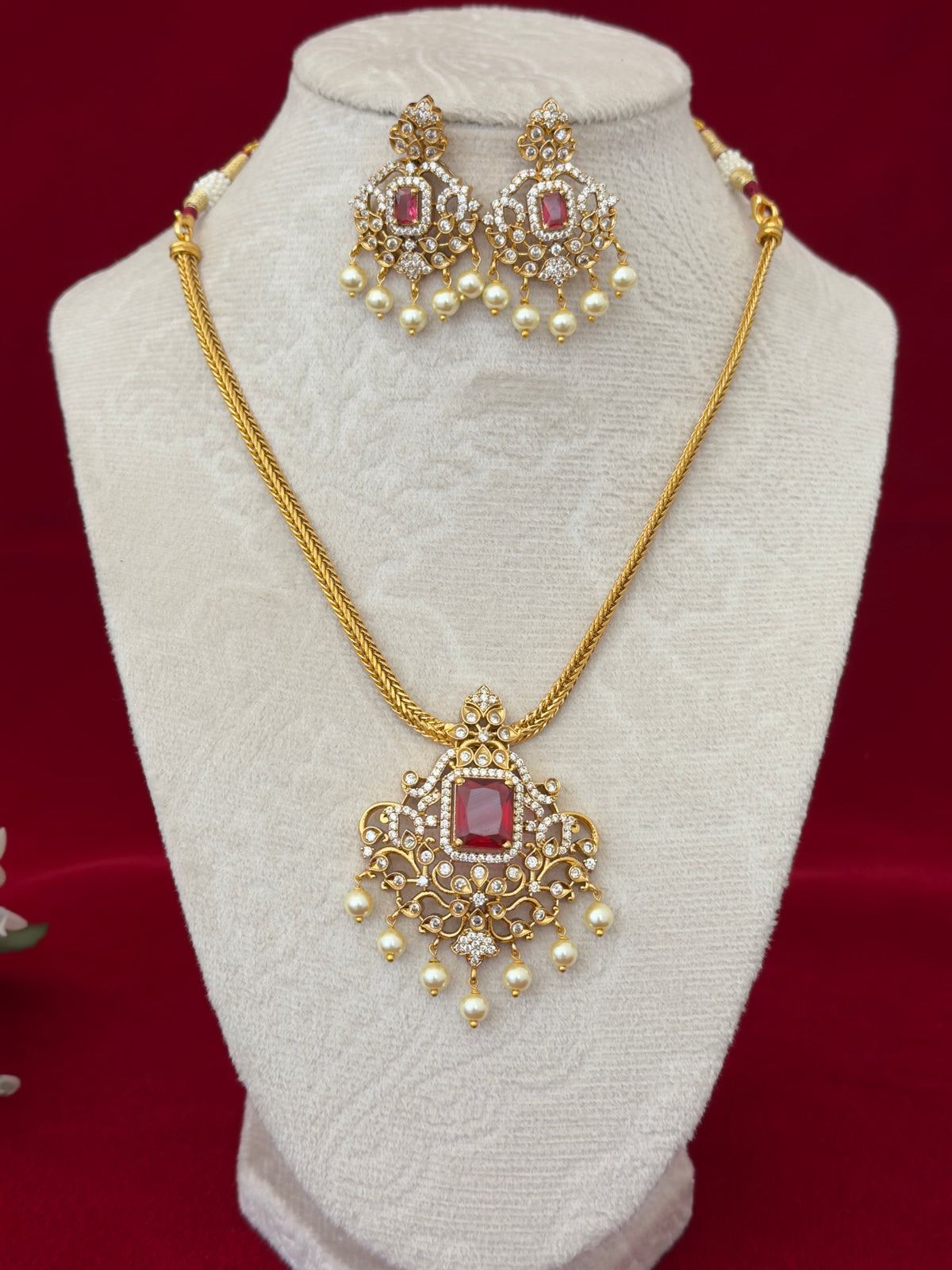 Ruby Red AD Stone Necklace Set, Gold Tone Pendant Necklace with Pearl Drops, Matching Earrings, Indian Wedding Jewelry, Ships from USA