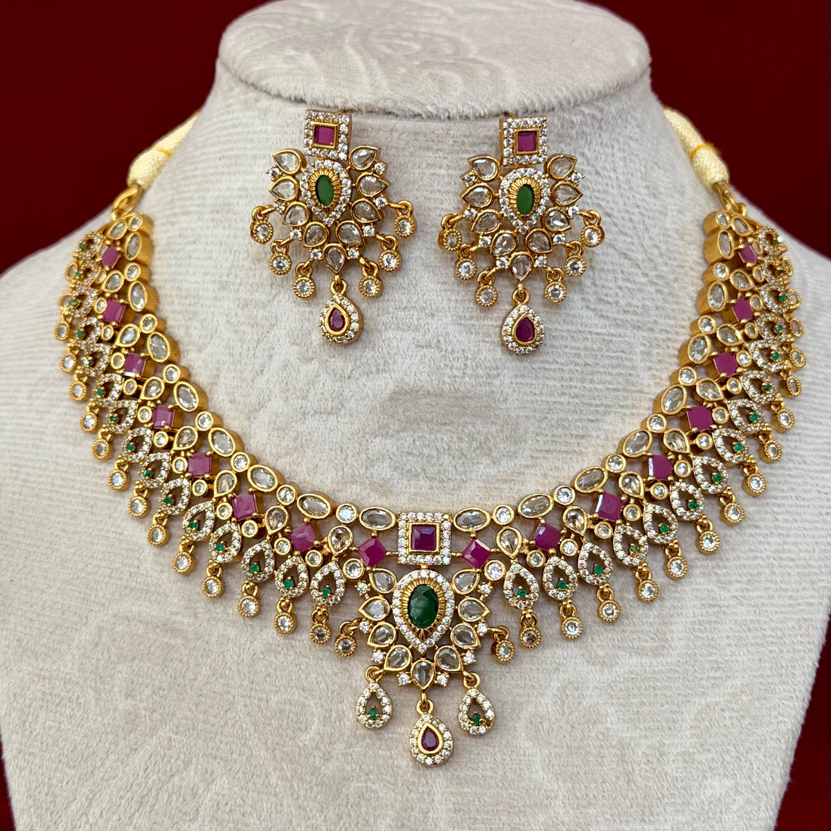 Kemp Stone Necklace Set, Ruby Green Indian Jewelry with Earrings, Traditional Bridal Necklace, South Indian Wedding Jewelry, Ships from USA
