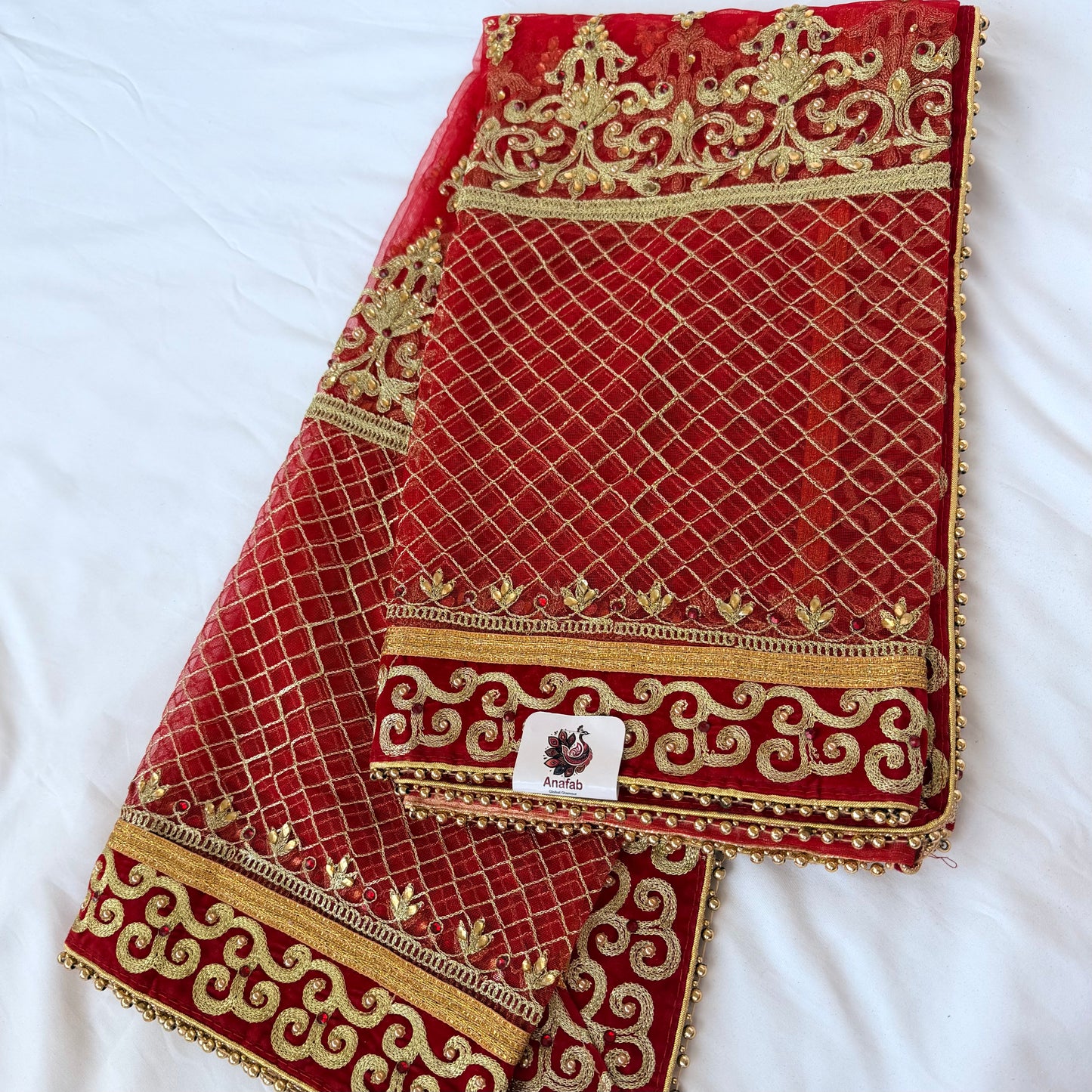 Red Bridal Net Dupatta with Heavy Zari Border | Indian Dulhan Chunni | Wedding Lehenga Dupatta | Embroidered Bridal Veil | Bride Odhani