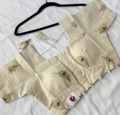 Ivory Khadi Cotton Peacock Embroidery Blouse, Sequin Saree Blouse, Ready to Wear Front Open Indian Blouse, Short Sleeve Blouse, Crop top