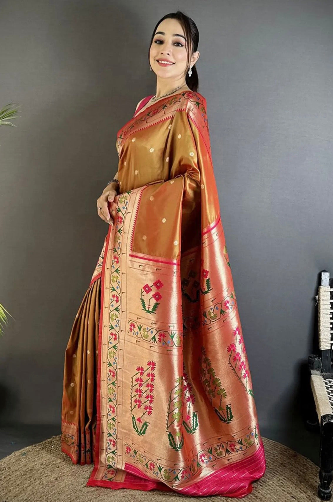Golden Brown Semi Paithani Saree Soft Silk, Traditional Paithani Saree with Pink Border, Maharashtrian Wedding Saree, Festive Indian Saree,