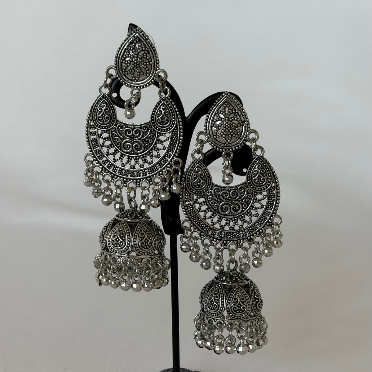 Oxidized Silver Chandbali Jhumka Earrings, Long Indian Statement Earrings, Traditional Ethnic Jewelry, Boho Dangle Earrings for Women