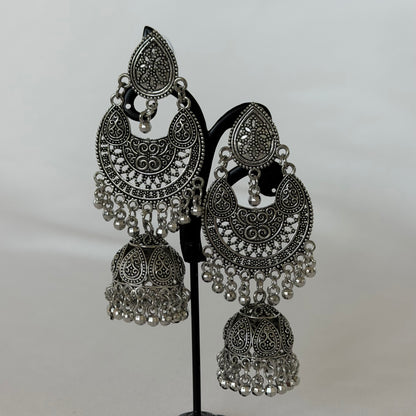 Oxidized Silver Chandbali Jhumka Earrings, Long Indian Statement Earrings, Traditional Ethnic Jewelry, Boho Dangle Earrings for Women