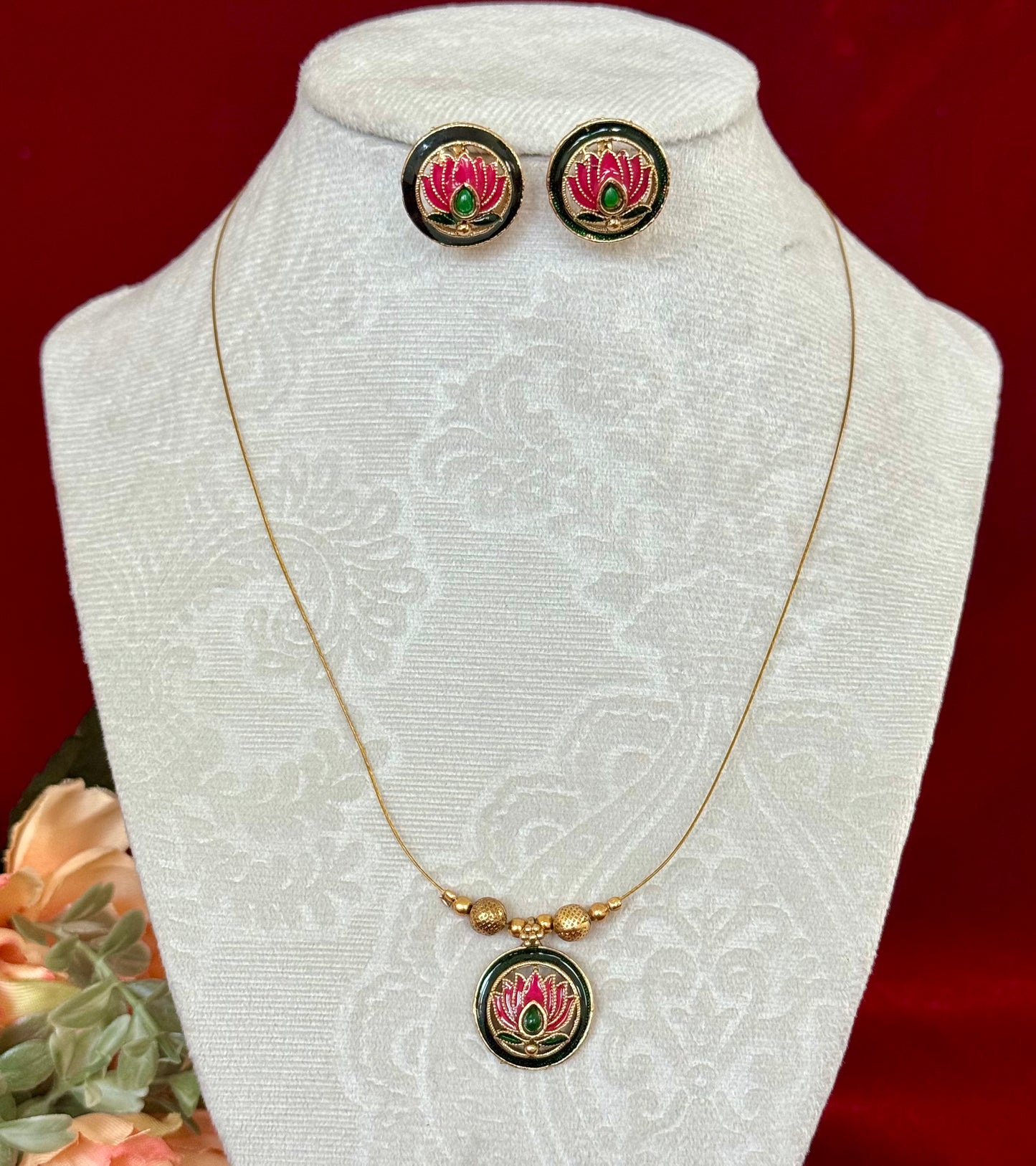 Invisible Chain Lotus Pendant Necklace Set | Minimal Indian Jewelry with Earrings | Floating Pendant Jewelry | Diwali Navratri Gift | Lightw