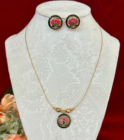 Invisible Chain Lotus Pendant Necklace Set | Minimal Indian Jewelry with Earrings | Floating Pendant Jewelry | Diwali Navratri Gift | Lightw