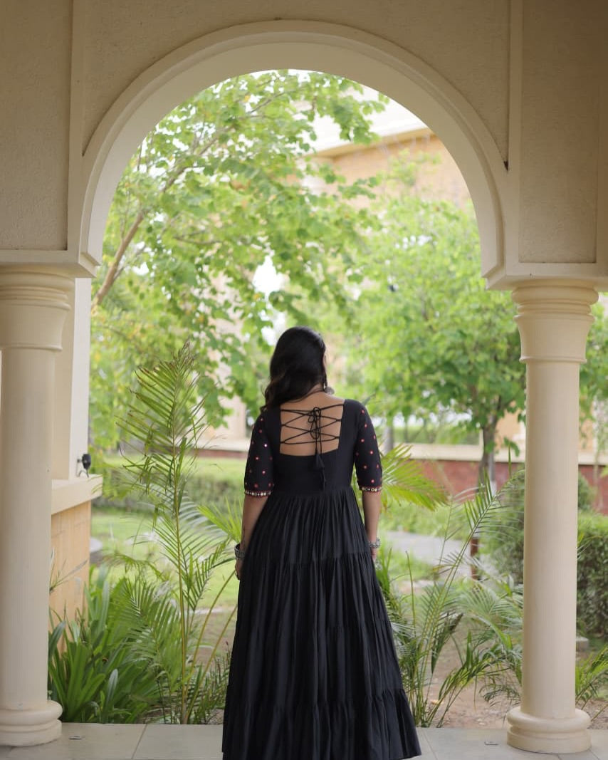 Navratri Black Gown for Women, Garba Dandiya Dress, Mirror Work Kora Cotton Gown, Embroidered Indian Festival Dress, 12 Meter Flair