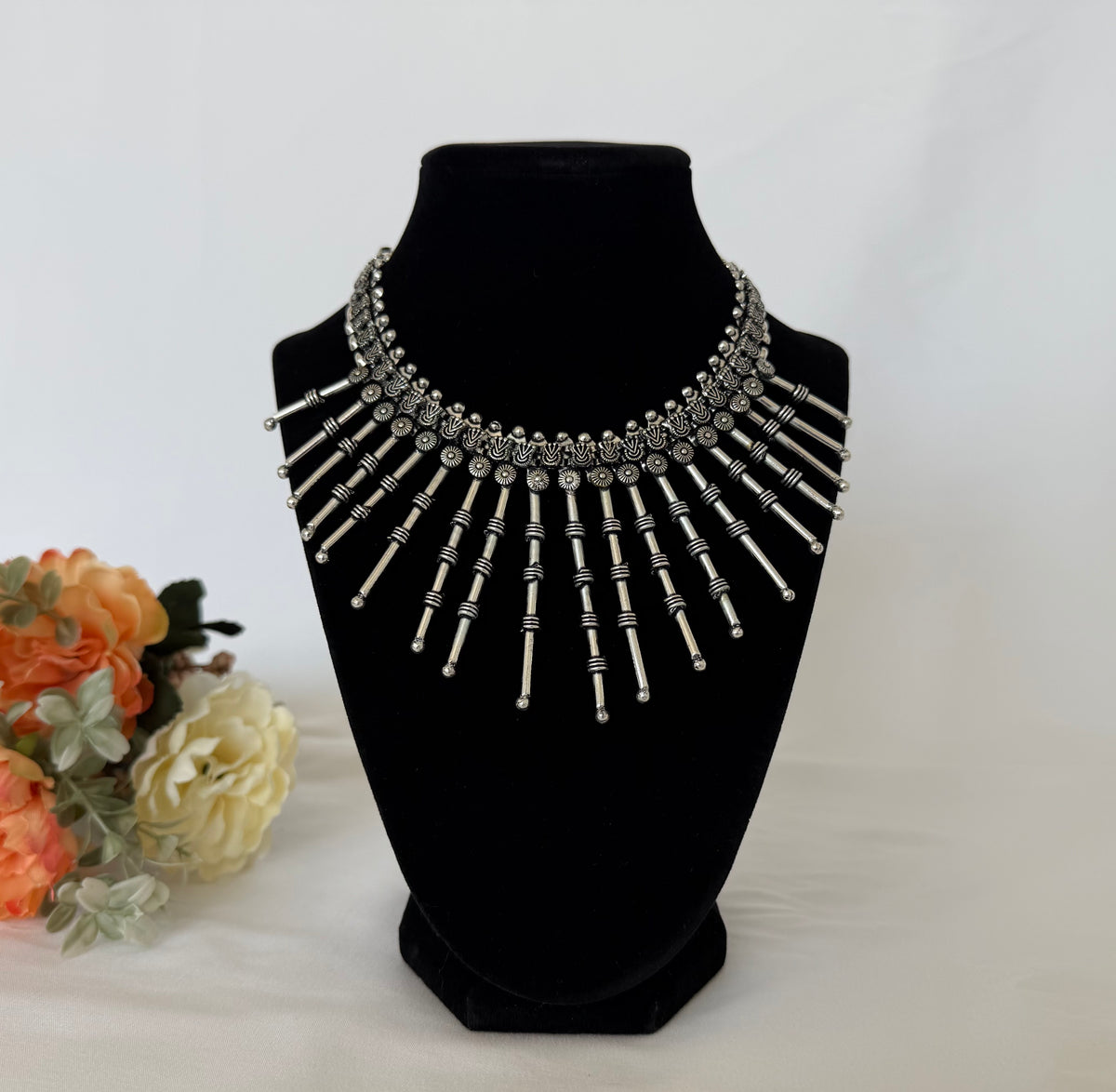 Oxidized Silver Statement Necklace, Tribal Indian Jewelry, Boho Long Stick Necklace, Navratri Garba Jewelry, Ethnic Festival Necklace