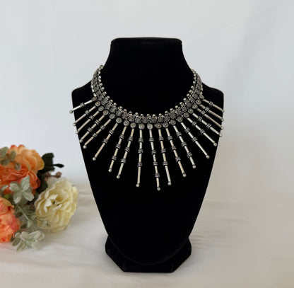 Oxidized Silver Statement Necklace, Tribal Indian Jewelry, Boho Long Stick Necklace, Navratri Garba Jewelry, Ethnic Festival Necklace
