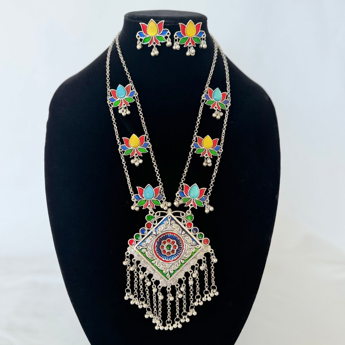 Oxidized Silver Necklace Set, Long Indian Statement Necklace, Colorful Lotus Jewelry, Ghungroo Pendant, Ethnic Boho Necklace Earrings,
