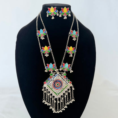 Oxidized Silver Necklace Set, Long Indian Statement Necklace, Colorful Lotus Jewelry, Ghungroo Pendant, Ethnic Boho Necklace Earrings,