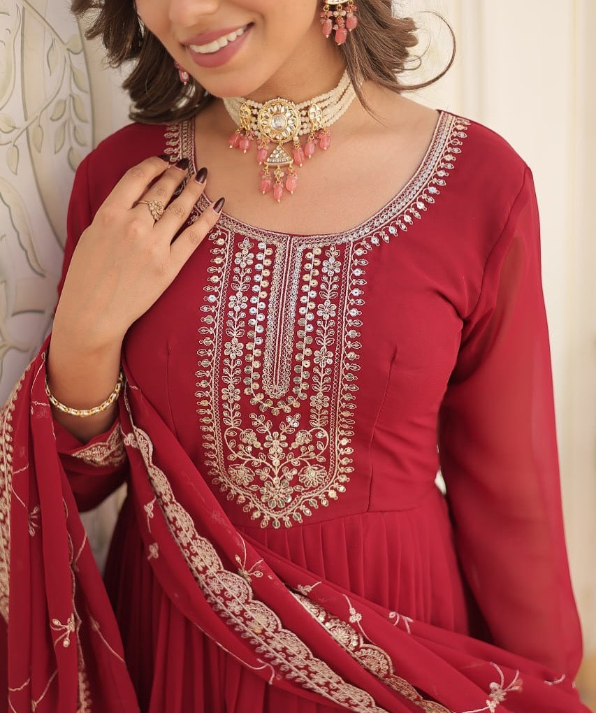Maroon Embroidered Gown with Dupatta | Fully Stitched Anarkali Style Dress | Indian Ethnic Wear for Weddings & Parties
