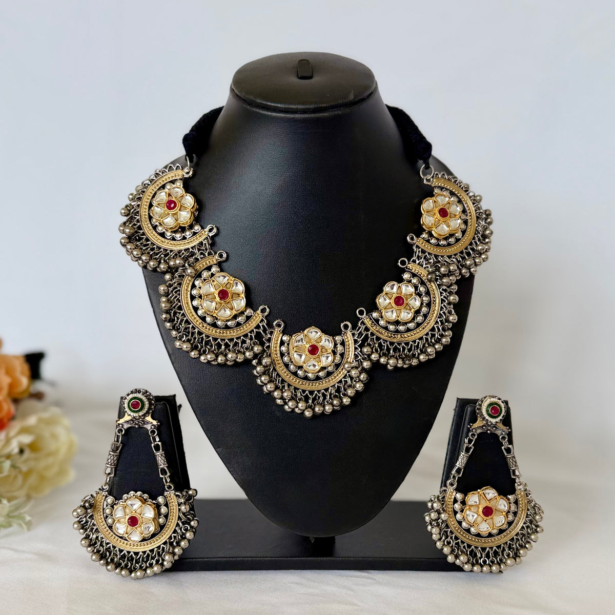 Oxidized Silver Gold Kundan Necklace Set, Indian Statement Jewelry, Navratri Garba Dandiya Necklace, Long Earrings, Tribal Boho Jewelry