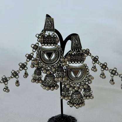 Oxidized Silver Jhumka Earrings with Long Chain, Traditional Indian Ghungroo Earrings, Tribal Boho Statement Jewelry, Garba Earrings, weddin