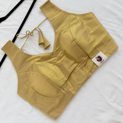 Antique Gold Tissue Silk Saree Blouse, Ready to Wear Golden Blouse, Padded V Neck Blouse, Indian Saree Blouse, Festive Wedding Blouse , Crop