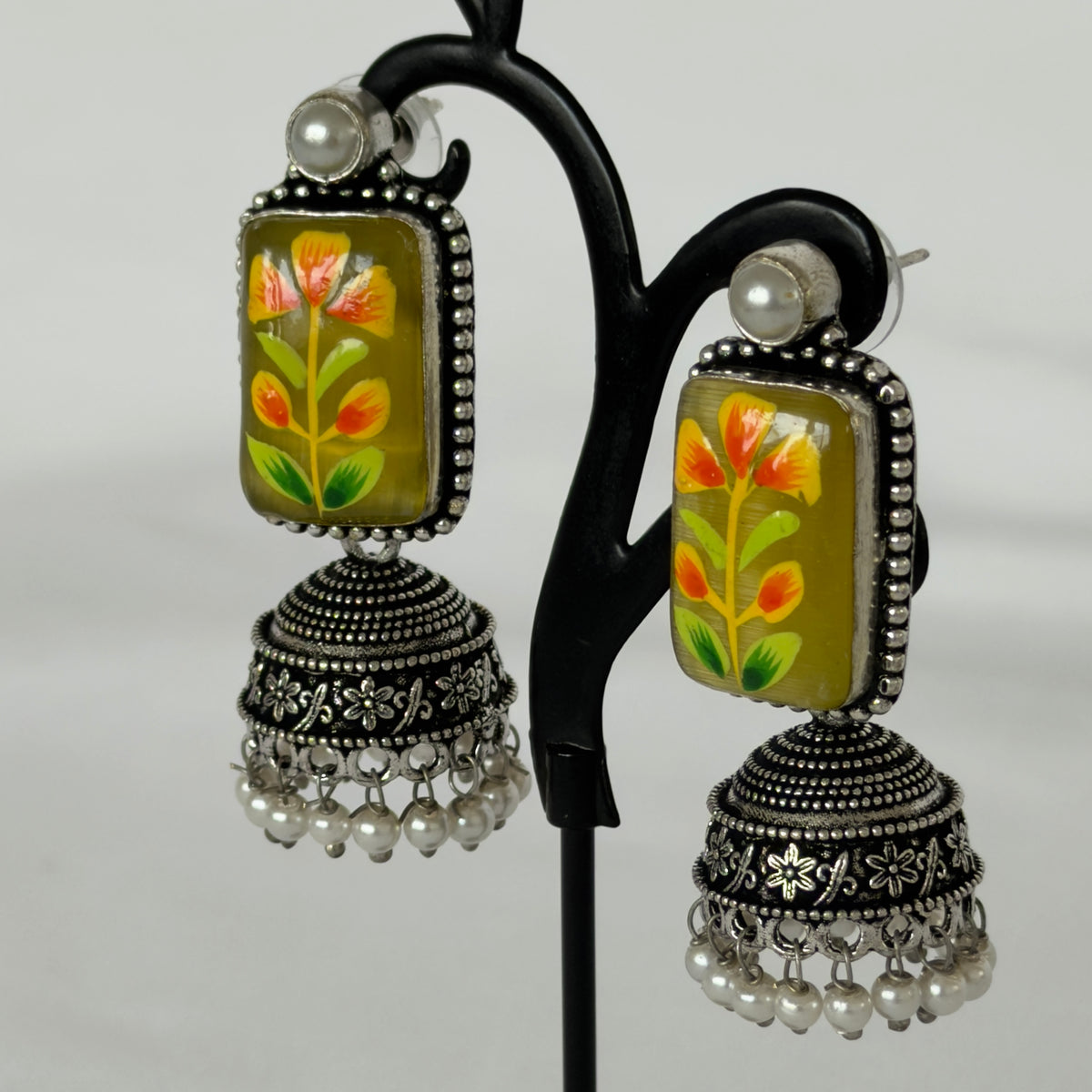 Hand Painted Mustard Green Jhumka Earrings, Oxidized Silver Floral Earrings, Pearl Drop Indian Earrings, Boho Statement Jewelry, Navratri Ea