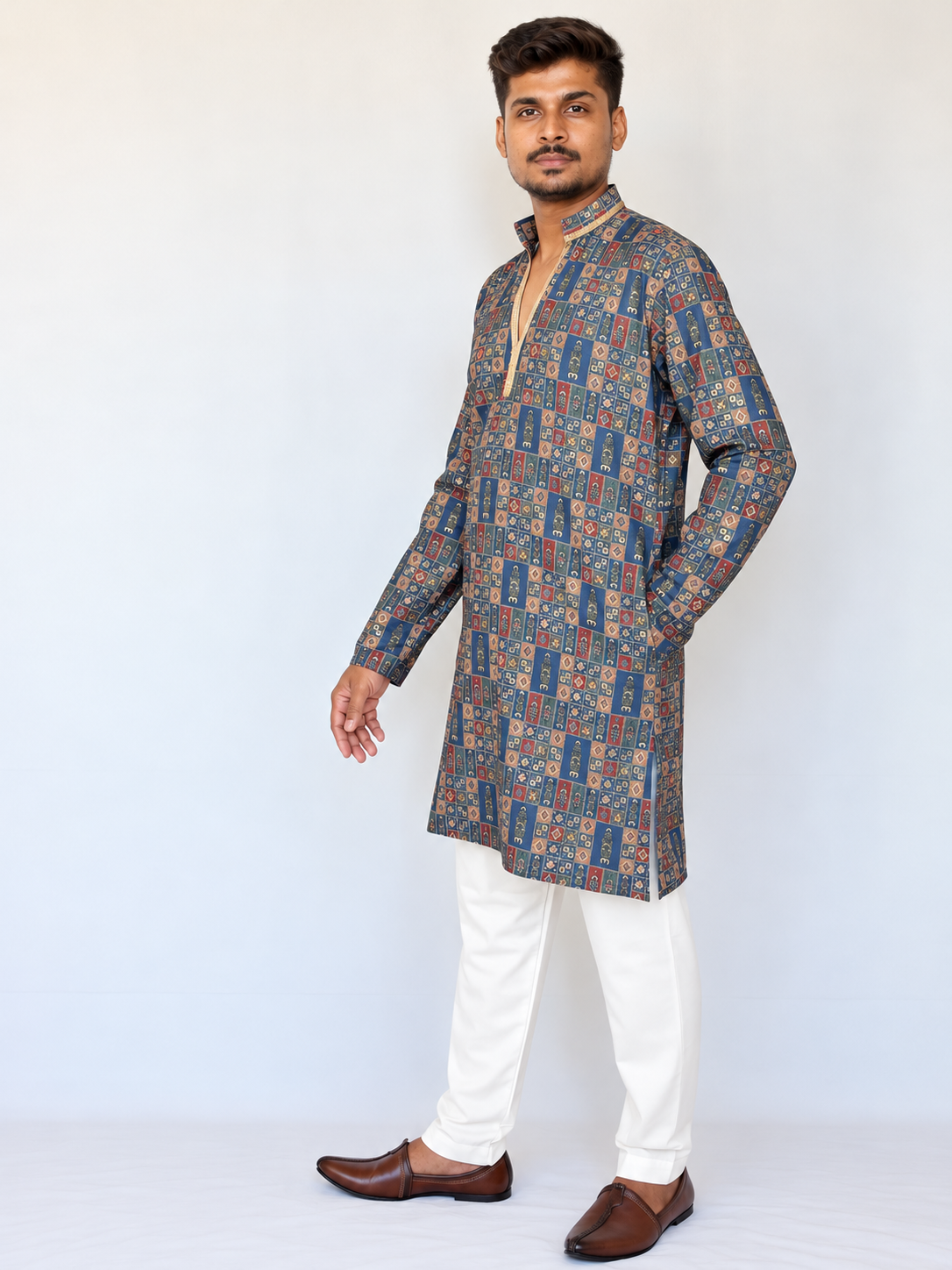 Men’s Grey Blue Armani Kurta Pajama Set, Golden Foil Print Indian Kurta, Wedding Guest Outfit, Diwali Festive Wear, Traditional Ethnic Dress