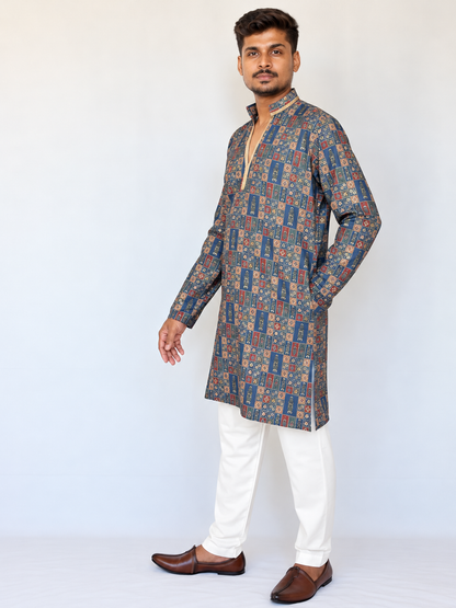 Men’s Grey Blue Armani Kurta Pajama Set, Golden Foil Print Indian Kurta, Wedding Guest Outfit, Diwali Festive Wear, Traditional Ethnic Dress