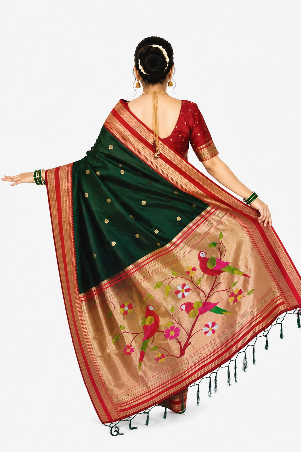Ready to Wear Shahi Mastani Nauvari Saree | Bottle Green & Red Semi Silk Paithani | Fully Stitched 9 Yard Maharashtrian Saree with Blouse