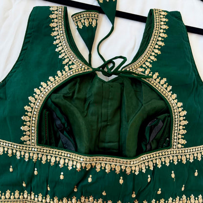 Green Jacquard Saree Blouse, Gold Embroidered Designer Blouse, Deep Back Neck Blouse with Latkan, Ready to Wear Indian Blouse, Crop top