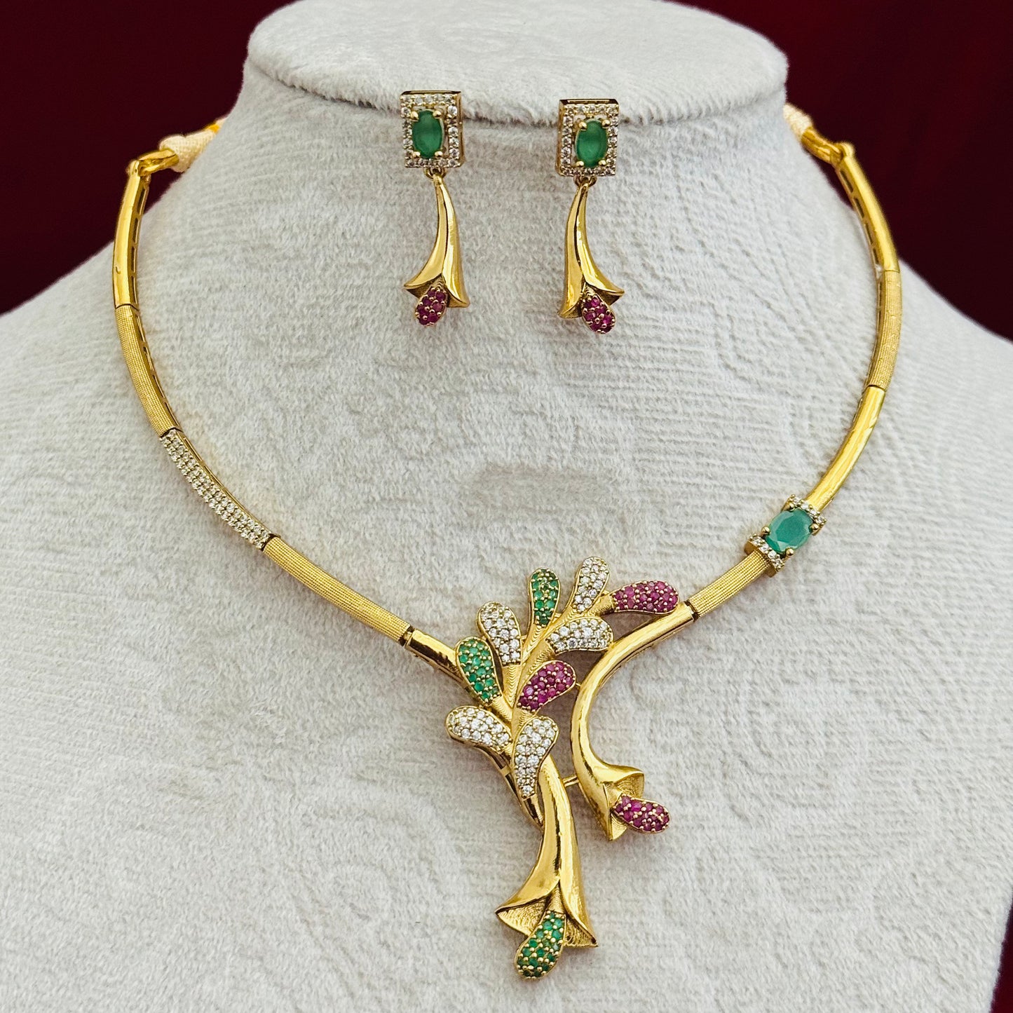 Designer CZ Floral Necklace Set, Gold Tone Statement Jewelry Set, Green Pink Stone Necklace, Party Wear Indian Jewelry, Modern Ethnic Gift