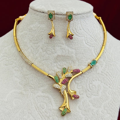 Designer CZ Floral Necklace Set, Gold Tone Statement Jewelry Set, Green Pink Stone Necklace, Party Wear Indian Jewelry, Modern Ethnic Gift