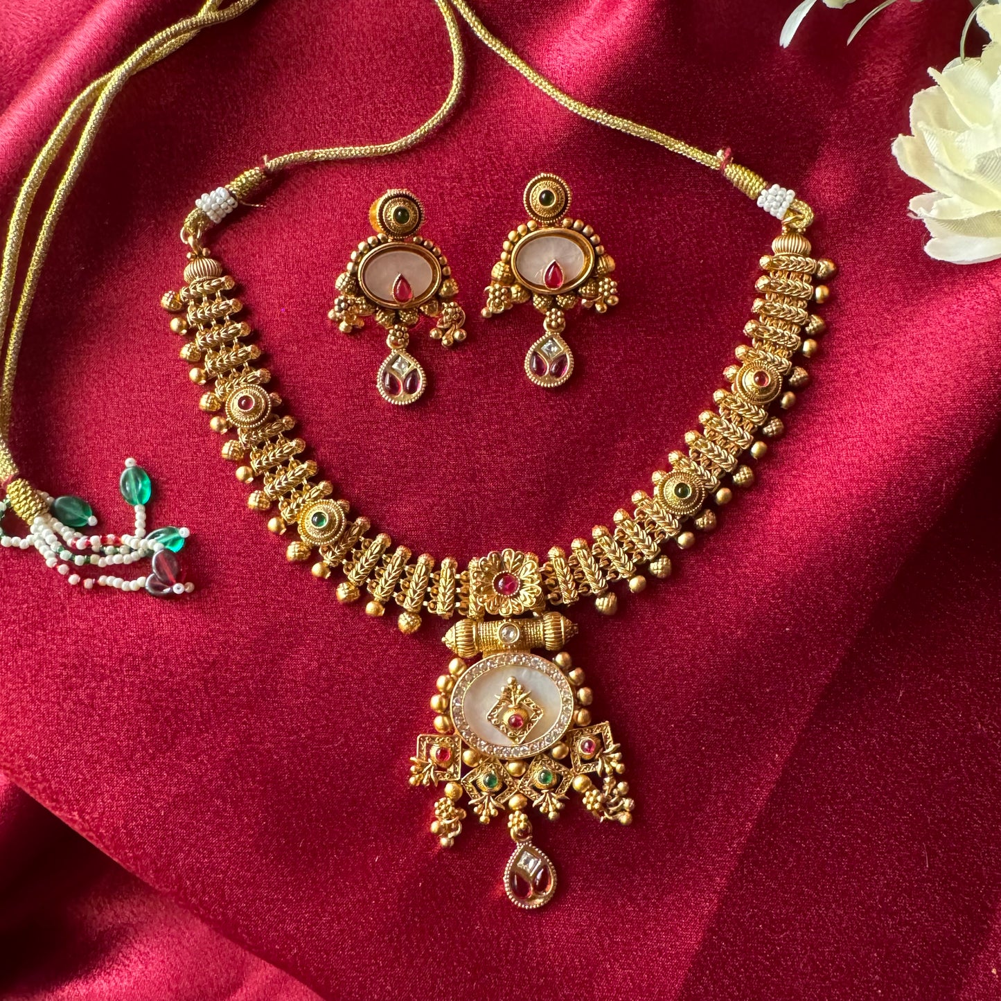 Royal Antique Gold Necklace Set with Statement Pendant & Earrings | Traditional Indian Bridal Jewelry | Ethnic Wedding & Festive Necklace Set