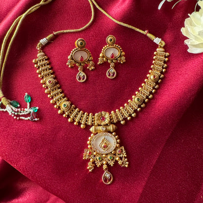 Royal Antique Gold Necklace Set with Statement Pendant & Earrings | Traditional Indian Bridal Jewelry | Ethnic Wedding & Festive Necklace Set