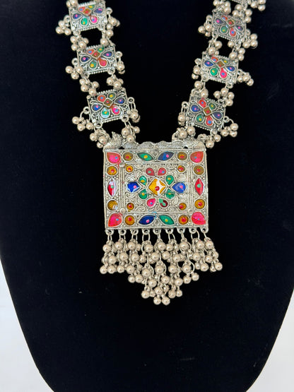 Oxidized Silver Necklace Set with Multicolor Enamel & Ghungroo, Indian Tribal Statement Jewelry, Boho Necklace Earrings Set, Festive Jewelry