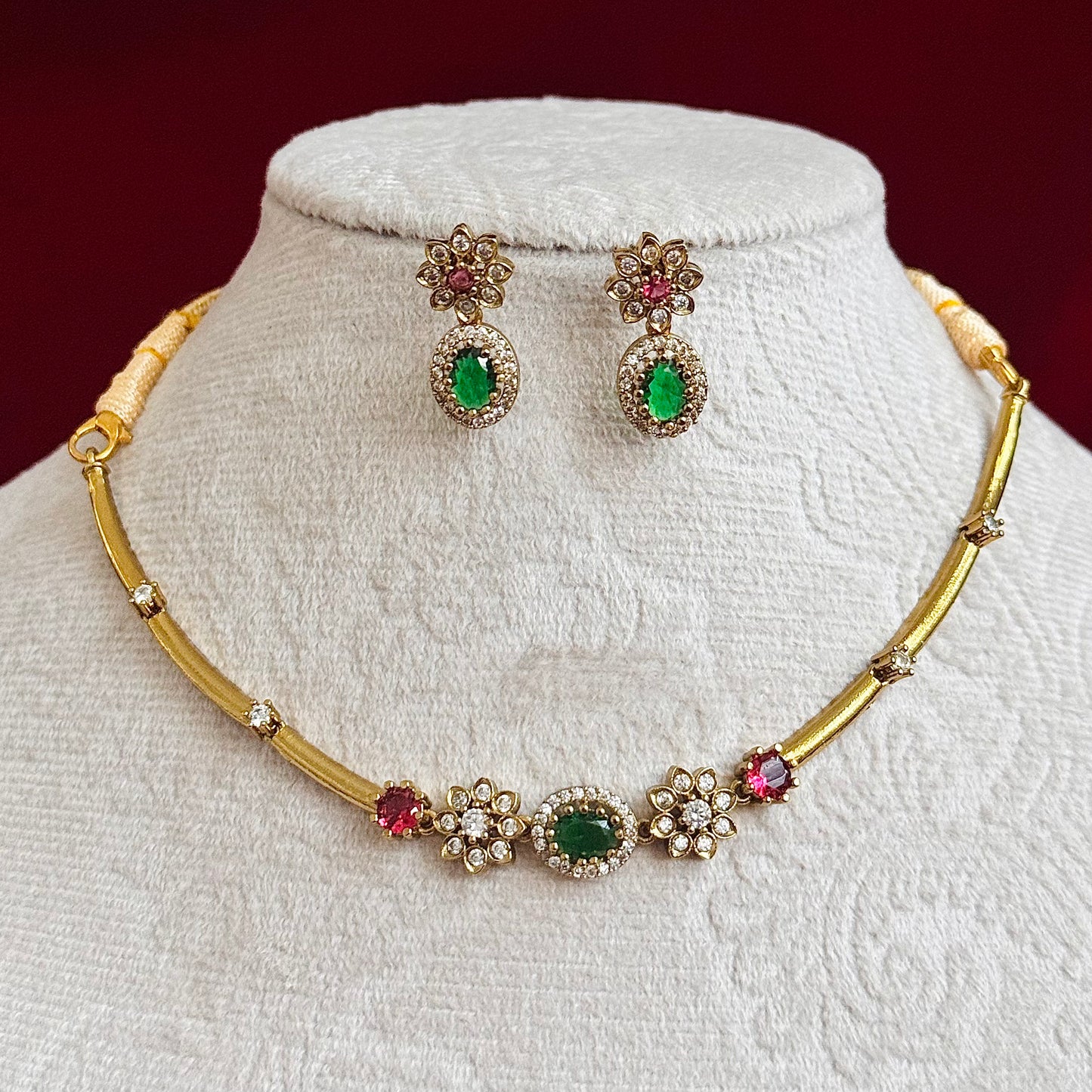 Emerald Green Pink Stone Necklace Set, Floral CZ Choker Necklace, Indian Wedding Jewelry Set, Gold Tone Party Wear Jewelry, Bridesmaid Gift