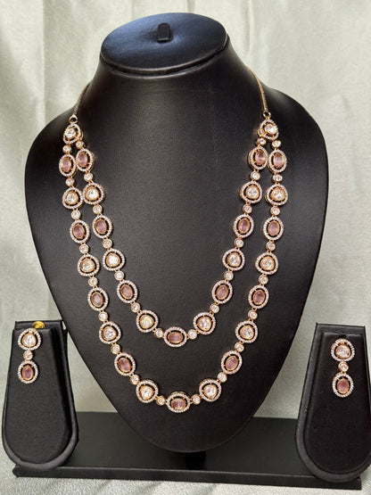 Mauve Stone Layered Necklace Set | Elegant Champagne Gold CZ Jewelry | Long Double Strand Necklace with Earrings | Indian Wedding Jewelry Set