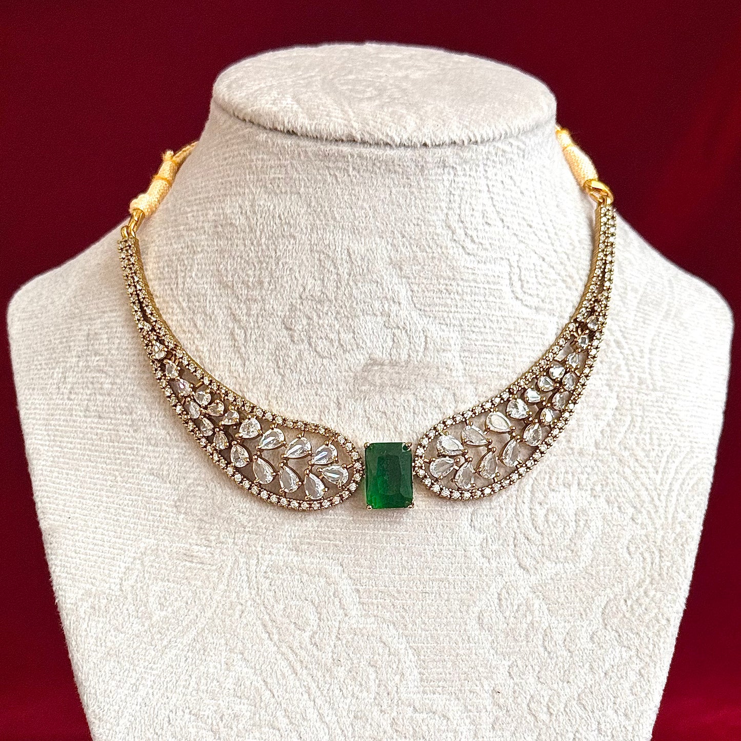 Emerald Green CZ Necklace Set, Indian Bridal Choker Jewelry, Gold Tone Statement Necklace with Earrings, Wedding Party Wear Set for Women