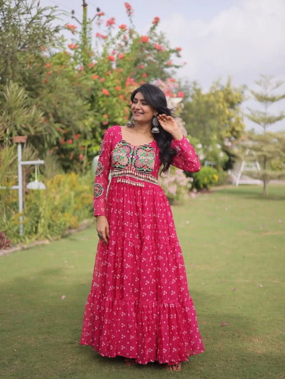 Navratri Bandhani Gown, Pink Garba Dress, Kutchi Patchwork Anarkali, Gujarati Traditional Dress, 12 Meter Flared Indian Ethnic Gown