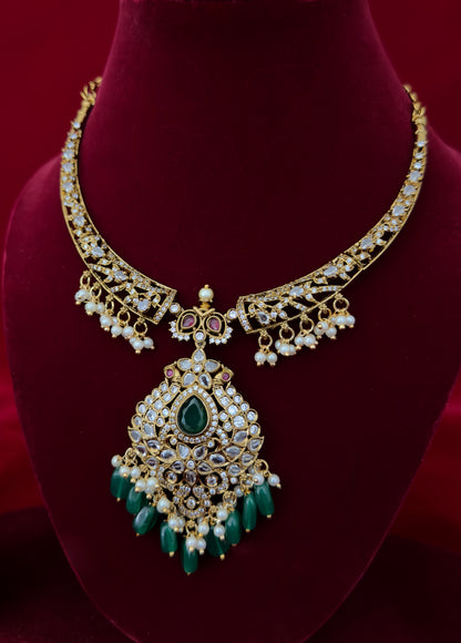 Victorian Mehendi Polish Necklace Set with Green Beads, Kundan Stones & Pearl Drops, Indian Bridal Wedding Jewelry, Ships from USA