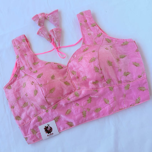 Light Pink Fendy Silk Blouse, Gold Sequin Butti Embroidery Saree Blouse, Readymade Indian Blouse, Padded Designer Blouse, lehenga blouse,