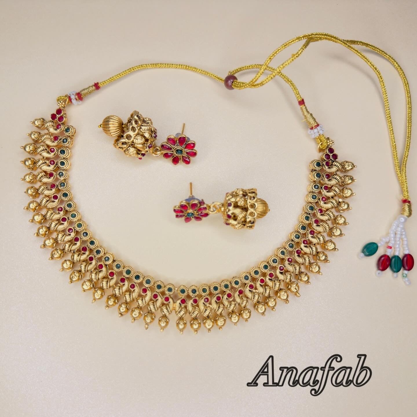 Traditional Lakshmi Temple Necklace Set with Ruby Green Stones & Jhumka Earrings
