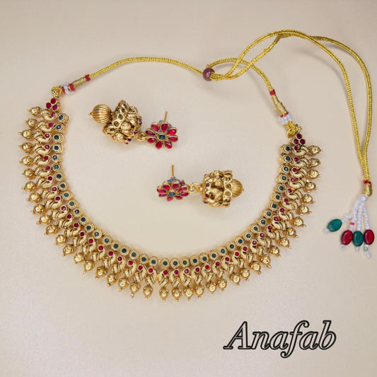 Traditional Lakshmi Temple Necklace Set with Ruby Green Stones & Jhumka Earrings