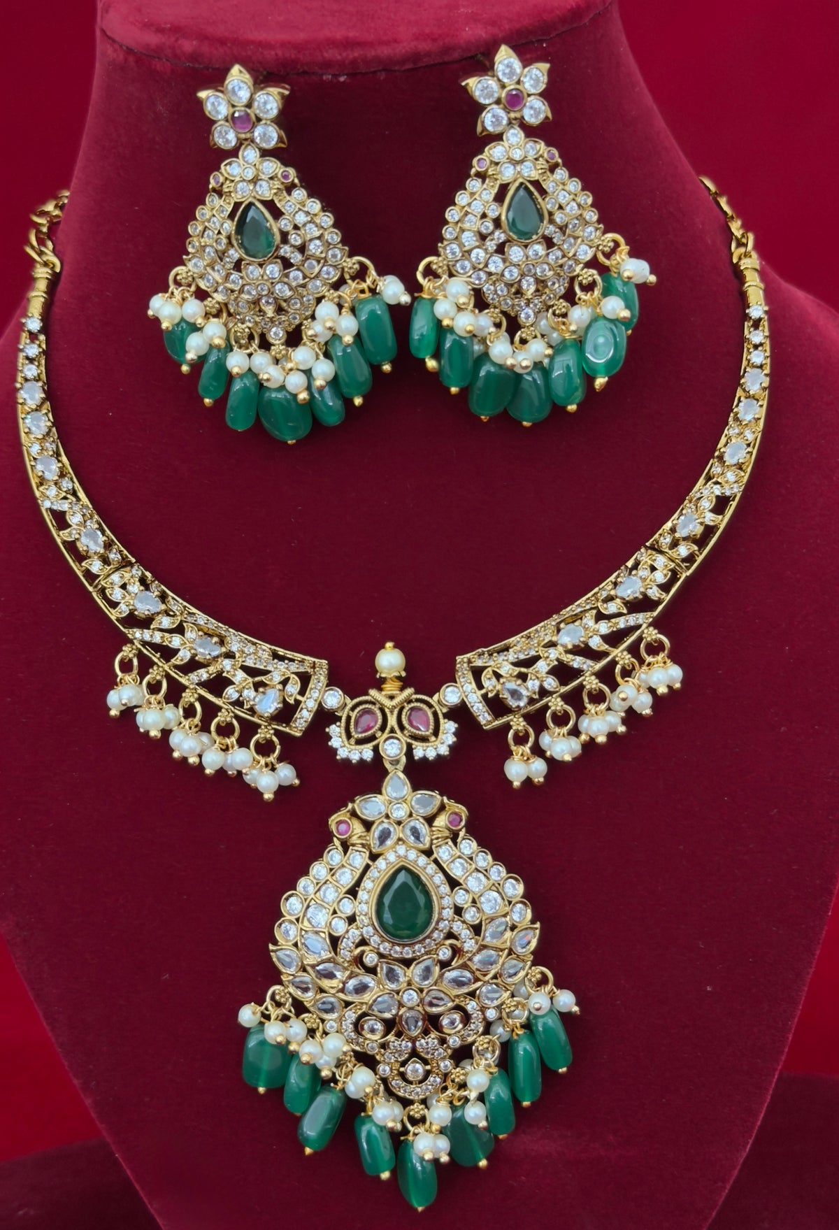 Victorian Mehendi Polish Necklace Set with Green Beads, Kundan Stones & Pearl Drops, Indian Bridal Wedding Jewelry, Ships from USA